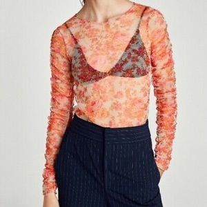 Zara NWT sheer floral blouse with ruched sleeves